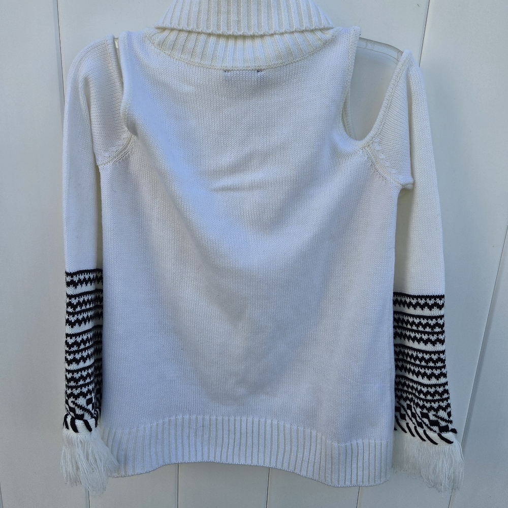 Venus Cold Shoulder Turtleneck Sweater Womens Bell Sleeves w/Fringe Ivory Size S - Picture 7 of 13